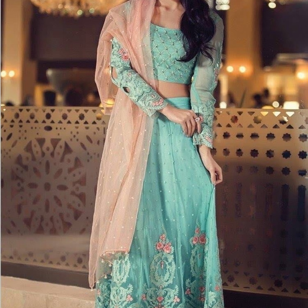 Maria B Embroidered Aqua Lehenga with Peach Dupatta